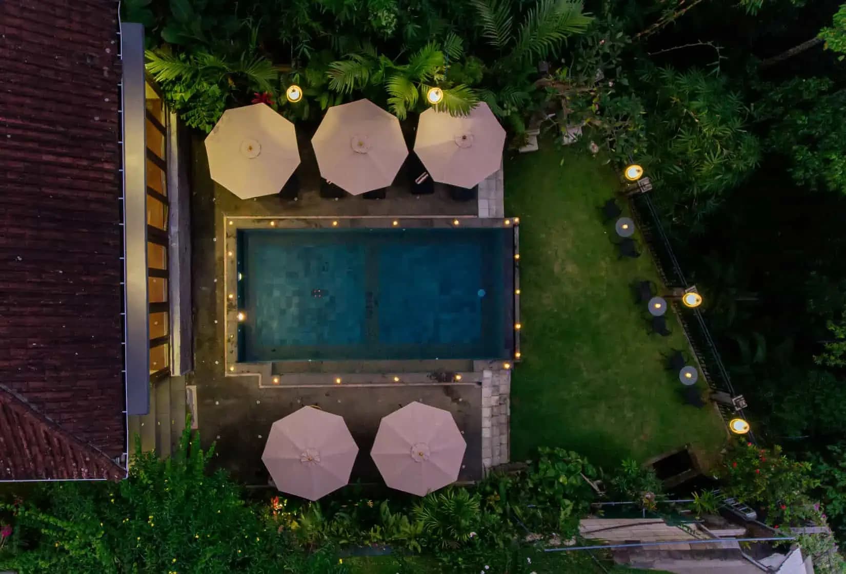 Aerial view of Ahamta Retreats peaceful location in Ubud, Bali - A small yoga retreat and hotel hidden in lush tropical vegetation near the center of Ubud
