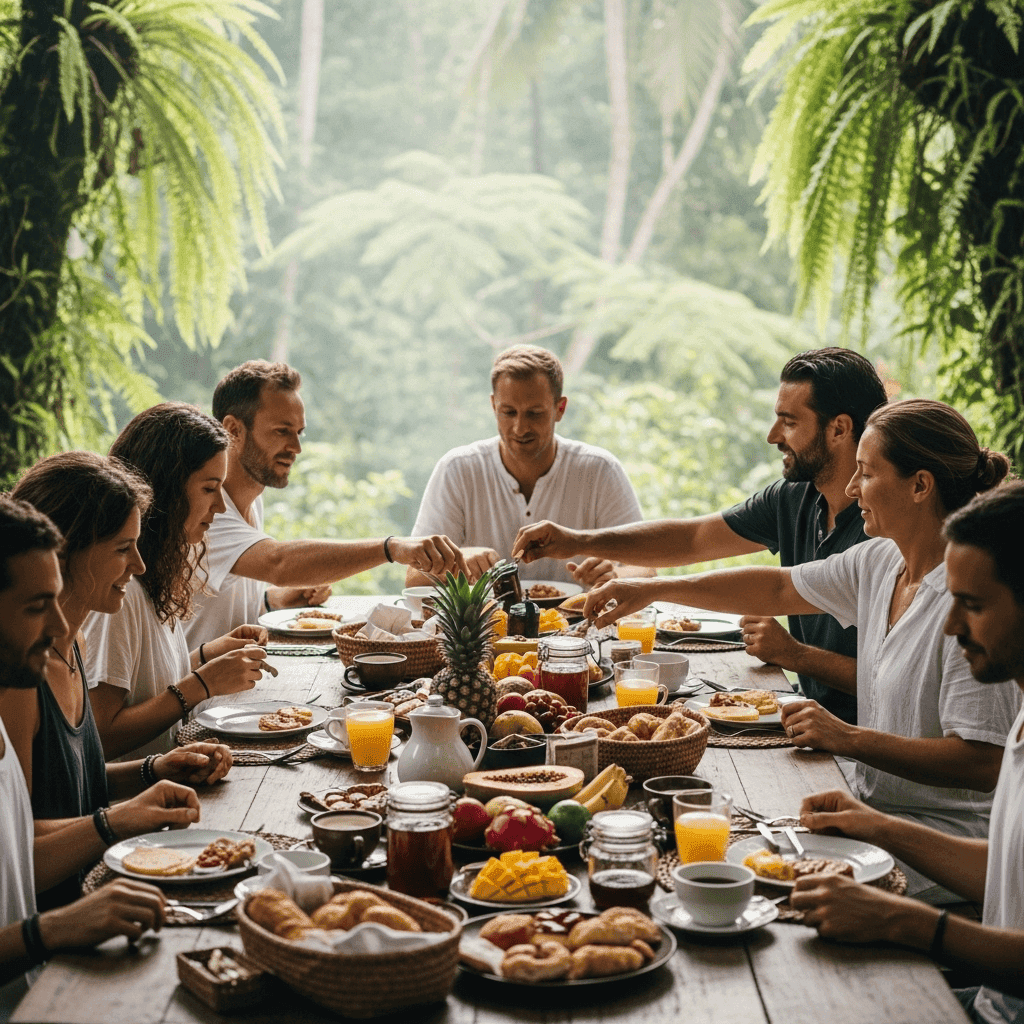 Healthy, nourishing plant-based breakfast spread at Ahamta Retreats featuring fresh local ingredients and Balinese-inspired vegetarian dishes