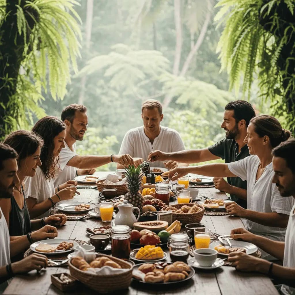 Healthy, nourishing plant-based breakfast spread at Ahamta Retreats featuring fresh local ingredients and Balinese-inspired vegetarian dishes